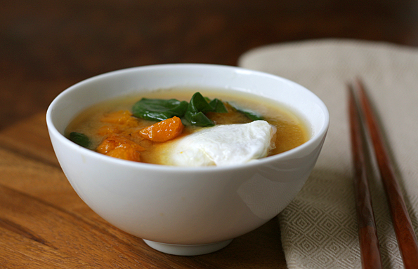 Miso Soup With Butternut Squash, Poached Eggs, & Spinach