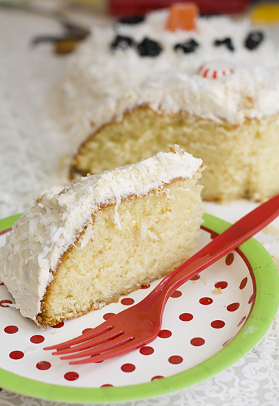 A slice of snowman birthday cake