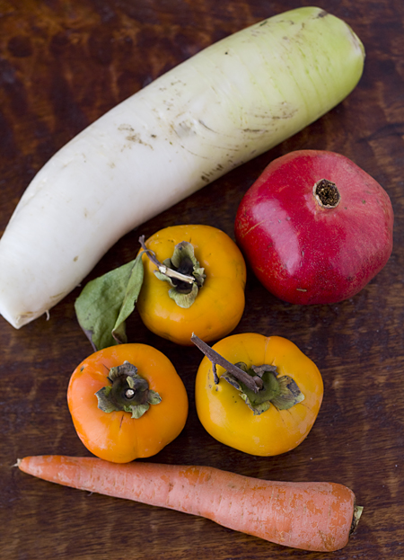 Daikon, Persimmons, Pomegranate, and Carrot