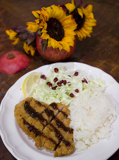 Tonkatsu with Pomegranate Tonkatsu Sauce, Shredded Cabbage, and Pomegranate Arils