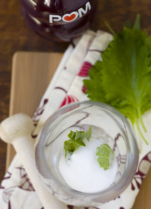 put the sugar & torn shiso in glass