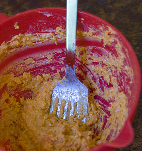 Mashing Sweet Potato with a Granny Fork