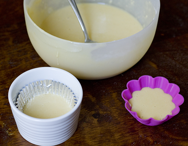 spoon the batter into silicone baking cups or ramekins lined with muffin liners