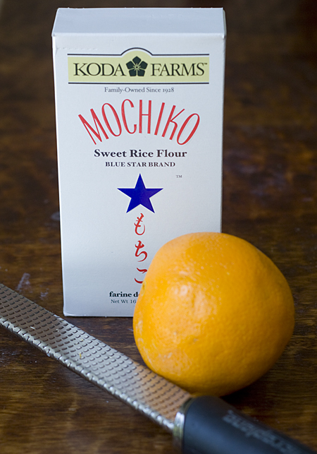 Key ingredients in orange mochi pancakes are mochi and orange zest