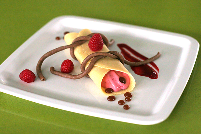 Raspberry Creme Fraiche Crepes with Maple Pearls and Chocolate Bucatini