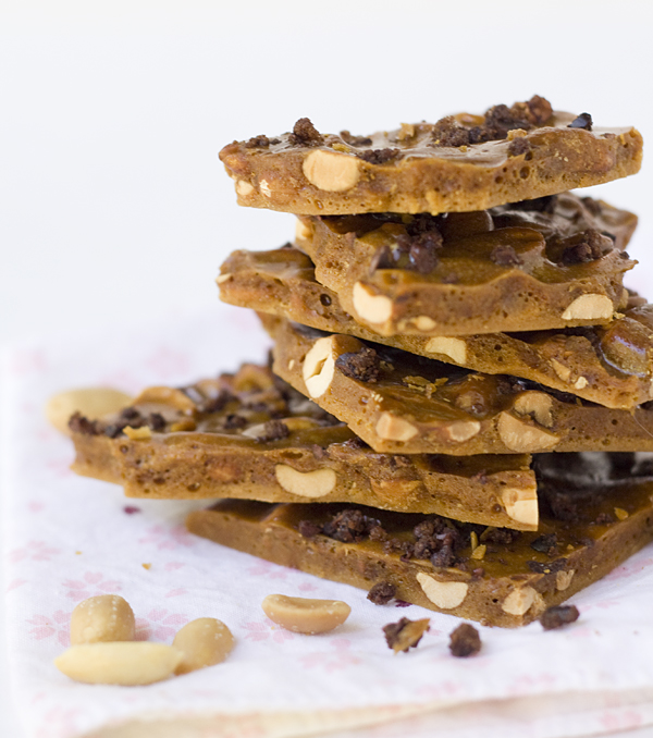 Stack of Caramelized Cacao Nib Peanut Brittle Stack of Caramelized Cacao Nib Peanut Brittle