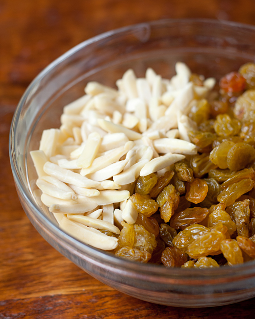 Slivered almonds and golden raisins