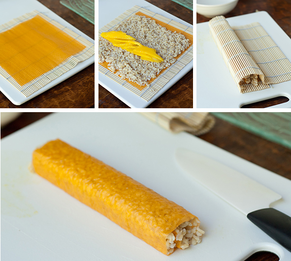 Assembling a mango sushi roll