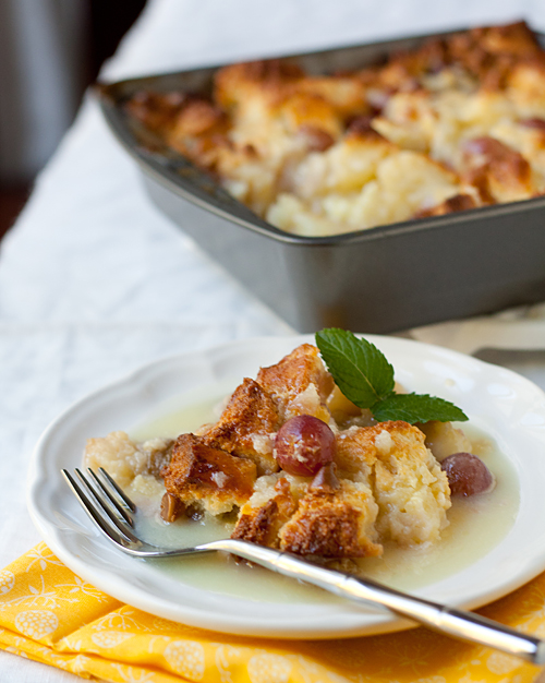 Grape Bread Pudding with White Chocolate Sauce