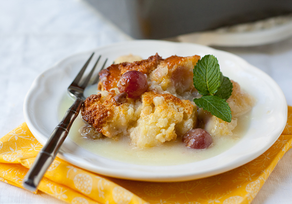 Easy Grape Bread Pudding with White Chocolate Sauce