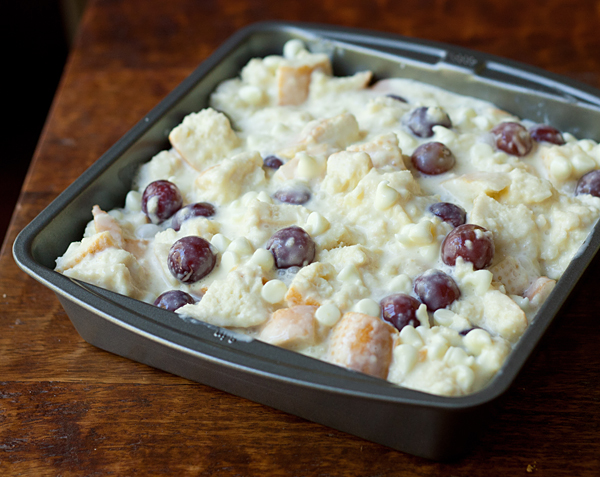 Grape Bread Pudding ready to go into the oven