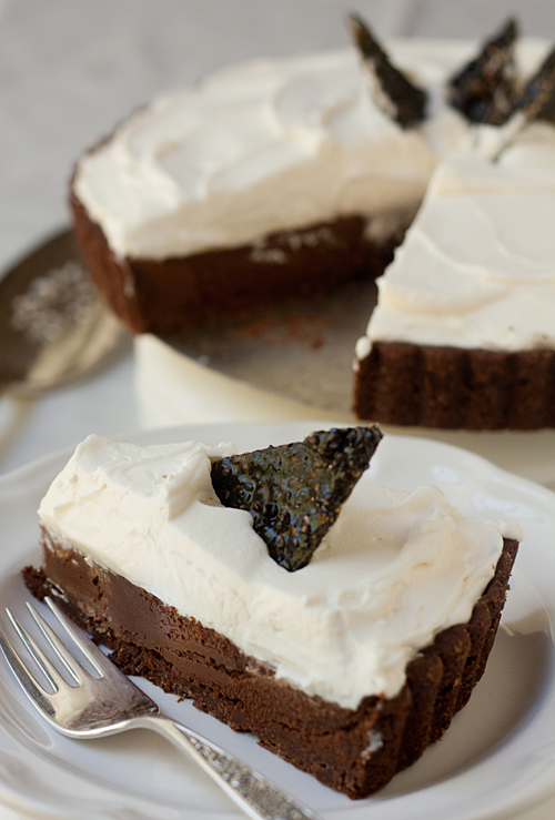 Slice of Chocolate Truffle Tart with Black Sesame Brittle