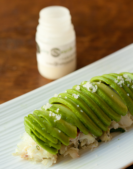 Garnish the Avocado Crab Roll with coarse sea salt