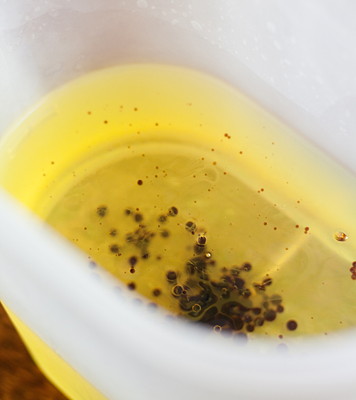 Soy sauce caviar forming in chilled oil