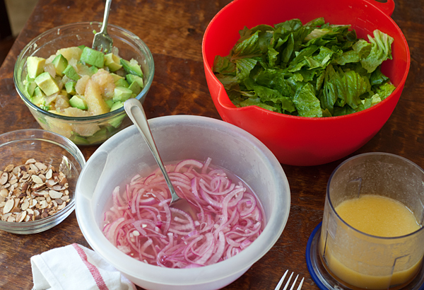 Ingredients prepped to assemble the Avocado Grapefruit Onion Salad