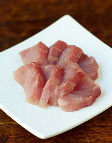 Slices of fresh sustainable hamachi