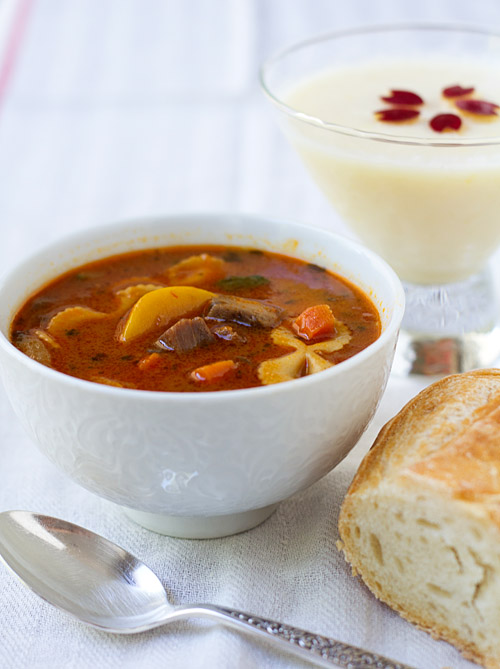 Tuscan-style Beef & Vegetables Soup with bread and Tart Apple Yogurt Pudding