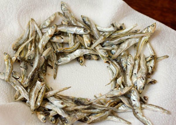 Dried baby sardines ready to be toasted