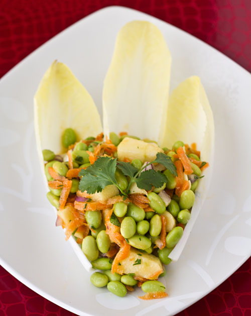 Edamame salad with Miso Dressing on Endive Leaves