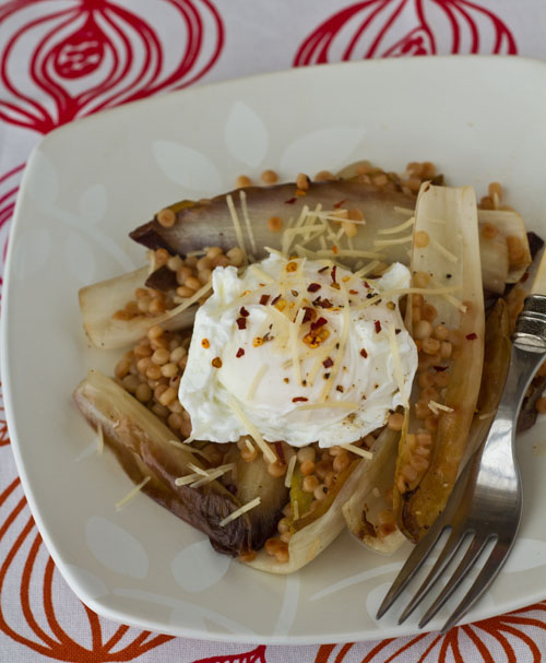 Sauteed Endive with Toasted Israeli Couscous, and a Poached Egg