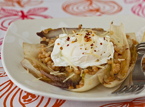 Sauteed Endive, Israeli Couscous, and a Poached Egg