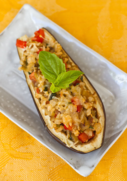 Brown Rice & Veggie Stuffed Japanese Eggplant