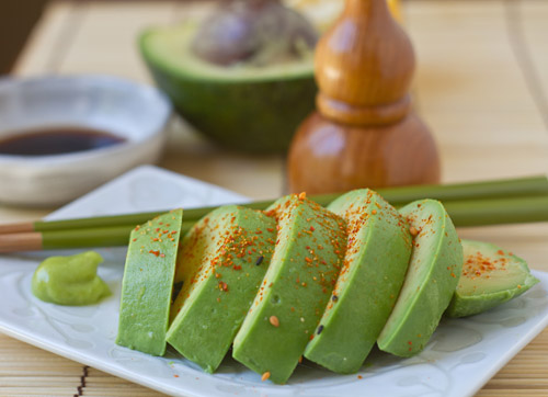 Avocado Sashimi with Shichimi Togarashi, Soy Sauce and Wasabi