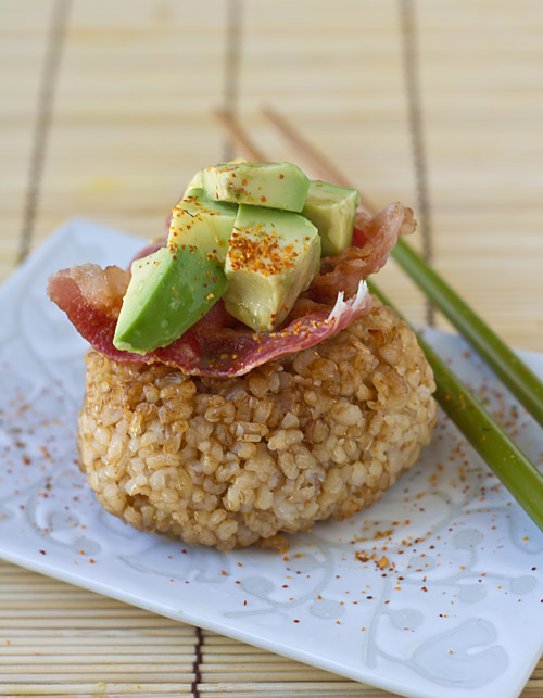 Brown Rice Yaki Onigiri with Bacon and Avocado