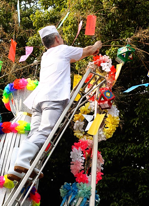 The precarious job of hanging Tanabata deocrations.