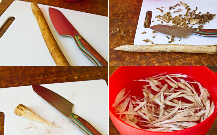 Preparing the gobo (burdock root)