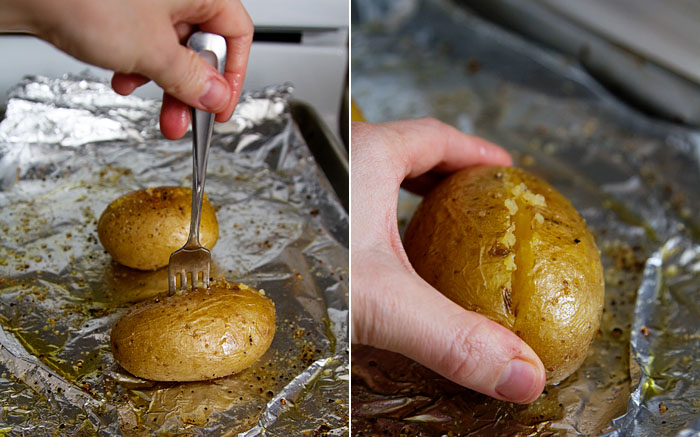 Splitting the baked potatoes