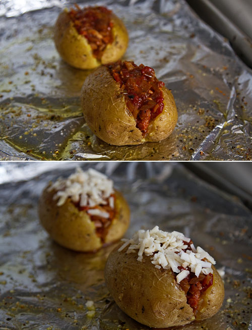 Stuffing the baked potatoes