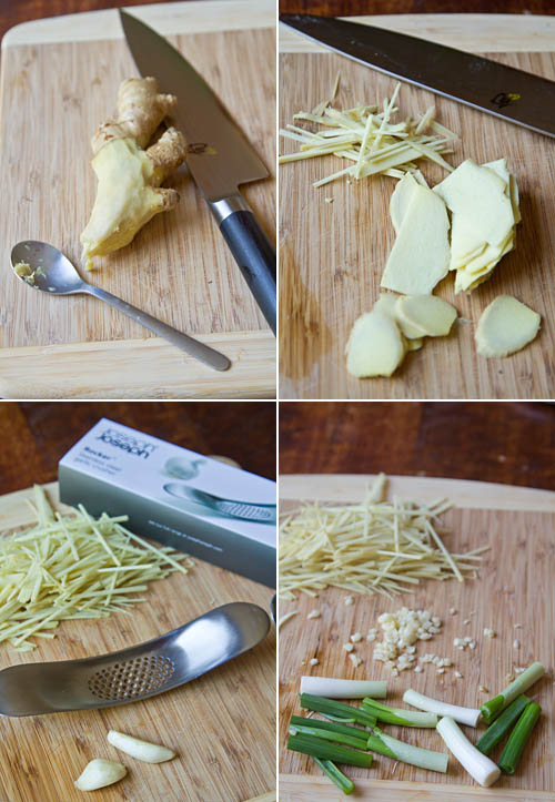 Prepping ginger, garlic, and scallions