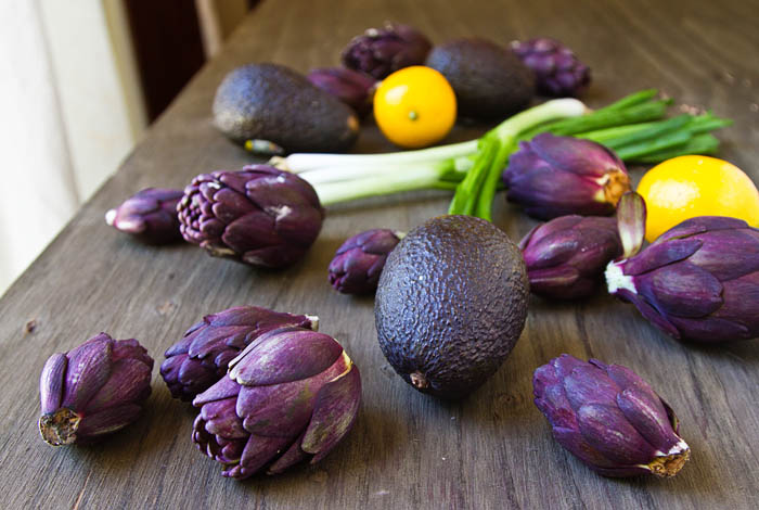 Baby Purple Artichokes, Meyer Lemons, Avocados, and Scallions