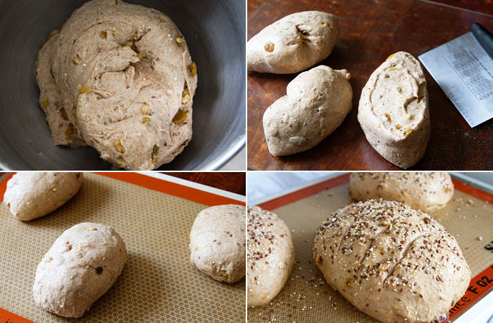 Forming loaves of seed, fruit & nut bread dough