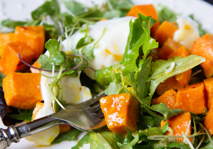 Roasted Sweet Potato Salad with Fried Egg and Ginger Sesame Vinaigrette