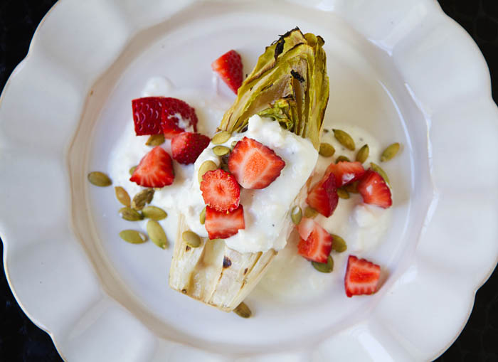 Grilled Endive with Strawberries, Pepitas, and Feta Cheese Dressing