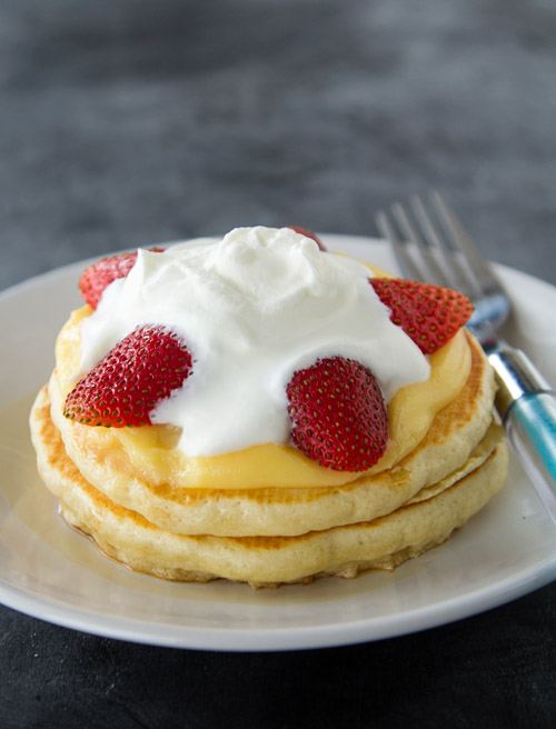 Japanese Hot Cakes with Custard and Strawberries