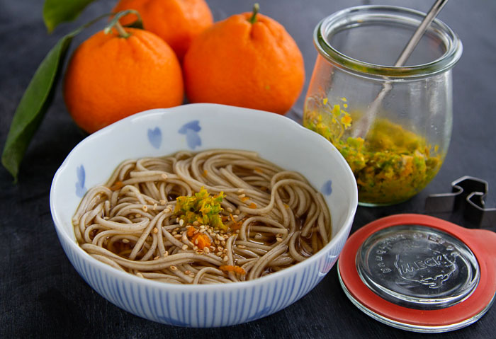 Toshi Koshi Soba garnished with Meyer Mandarin Kosho