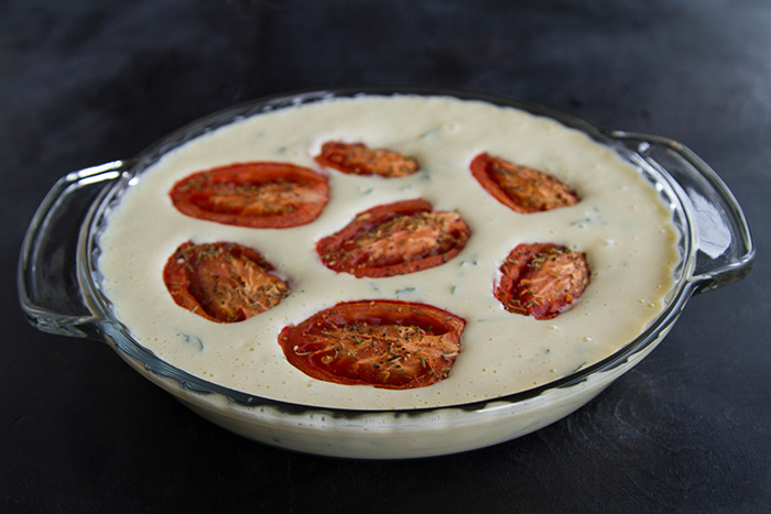 Roasted Tomato Tofu Quiche ready to go into the oven