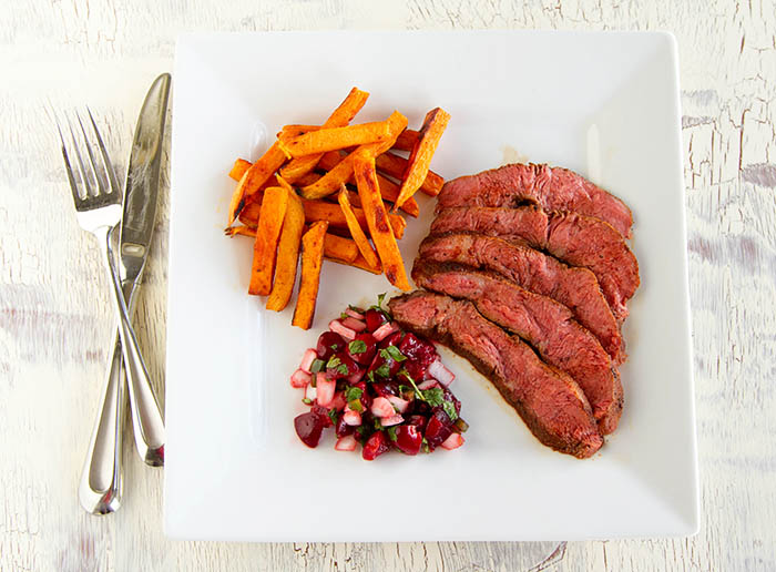 A twist on French steak frites with a cacao chili-rubbed flat iron steak