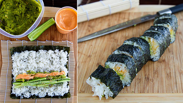 Making cucumber guacamole sushi roll