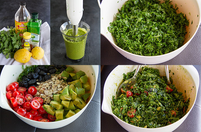 Making kale power salad with lemon cilantro vinaigrette dressing