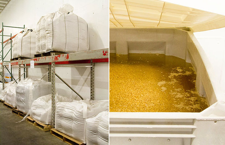 Bags of dried garbanzo beans and garbanzo beans soaking in water