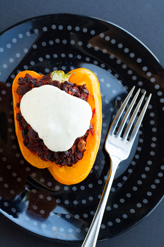 Black Rice Stuffed Pepper with Cashew Cream Sauce