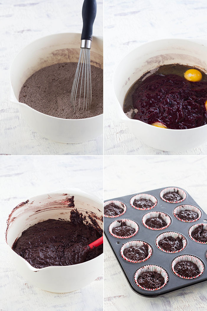 Making Berry Fudgy Chocolate Cupcake Batter