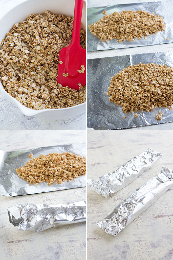 Making warm granola in a tin foil packet