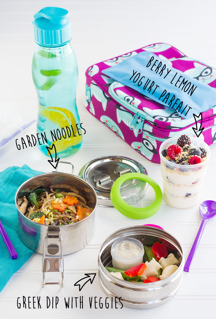 Garden Noodles, Greek Dip, Berry Lemon Yogurt Parfait, and Fruit Water Bento