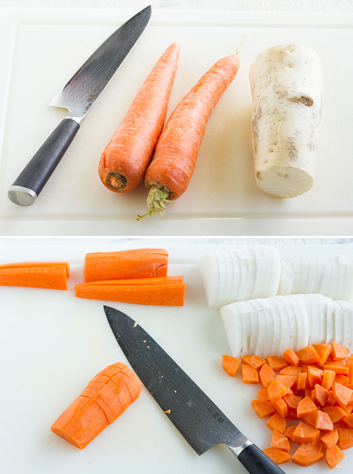 Prepping daikon and carrots