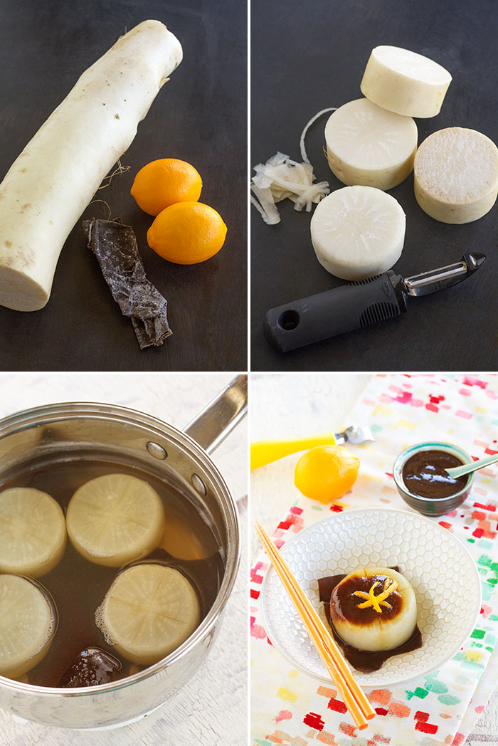 Making simmered daikon radish with miso sauce